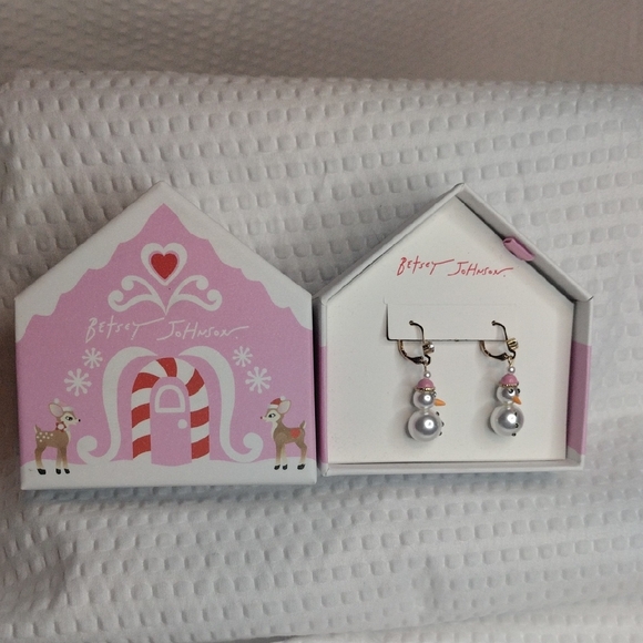 Betsey Johnson Jewelry - Betsey Johnson Festive Pink and White Snowman Earrings In Decorative Box